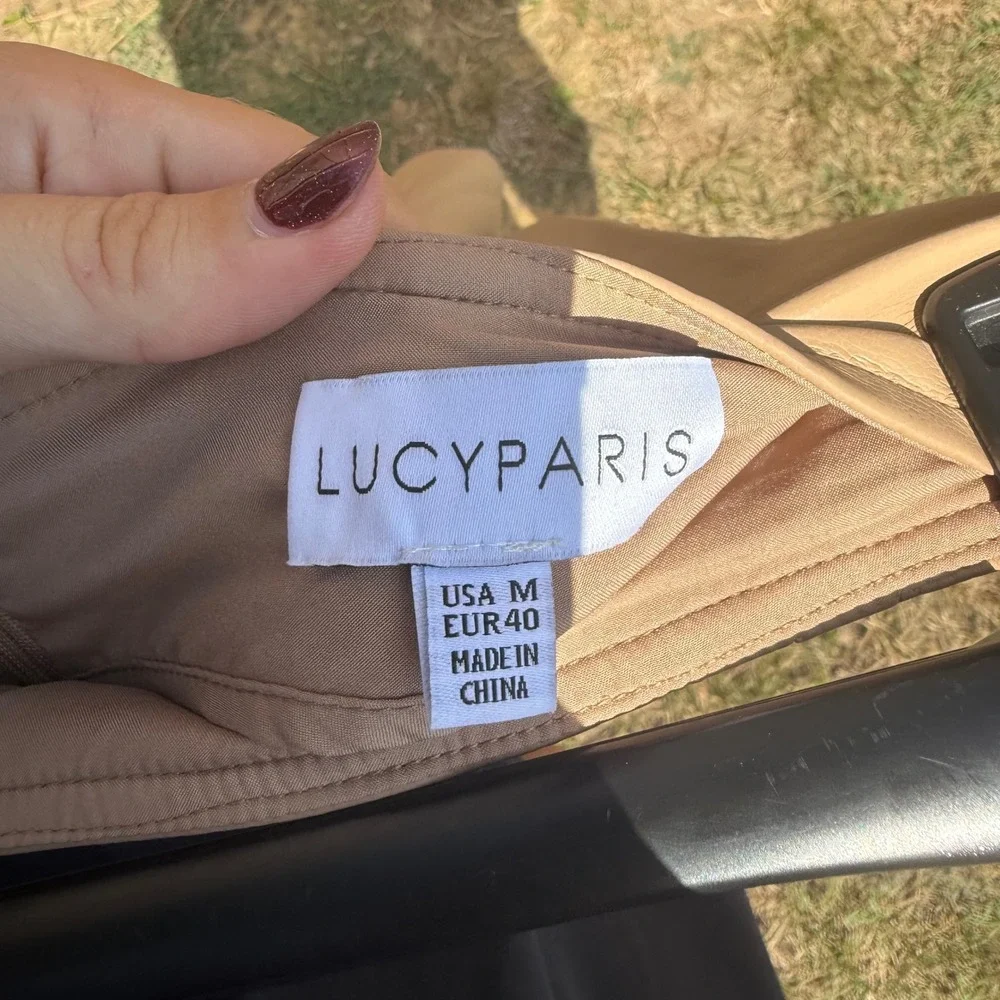 Lucy Paris Tan Faux Leather Ruched Mini Skirt Beige Slit Size M